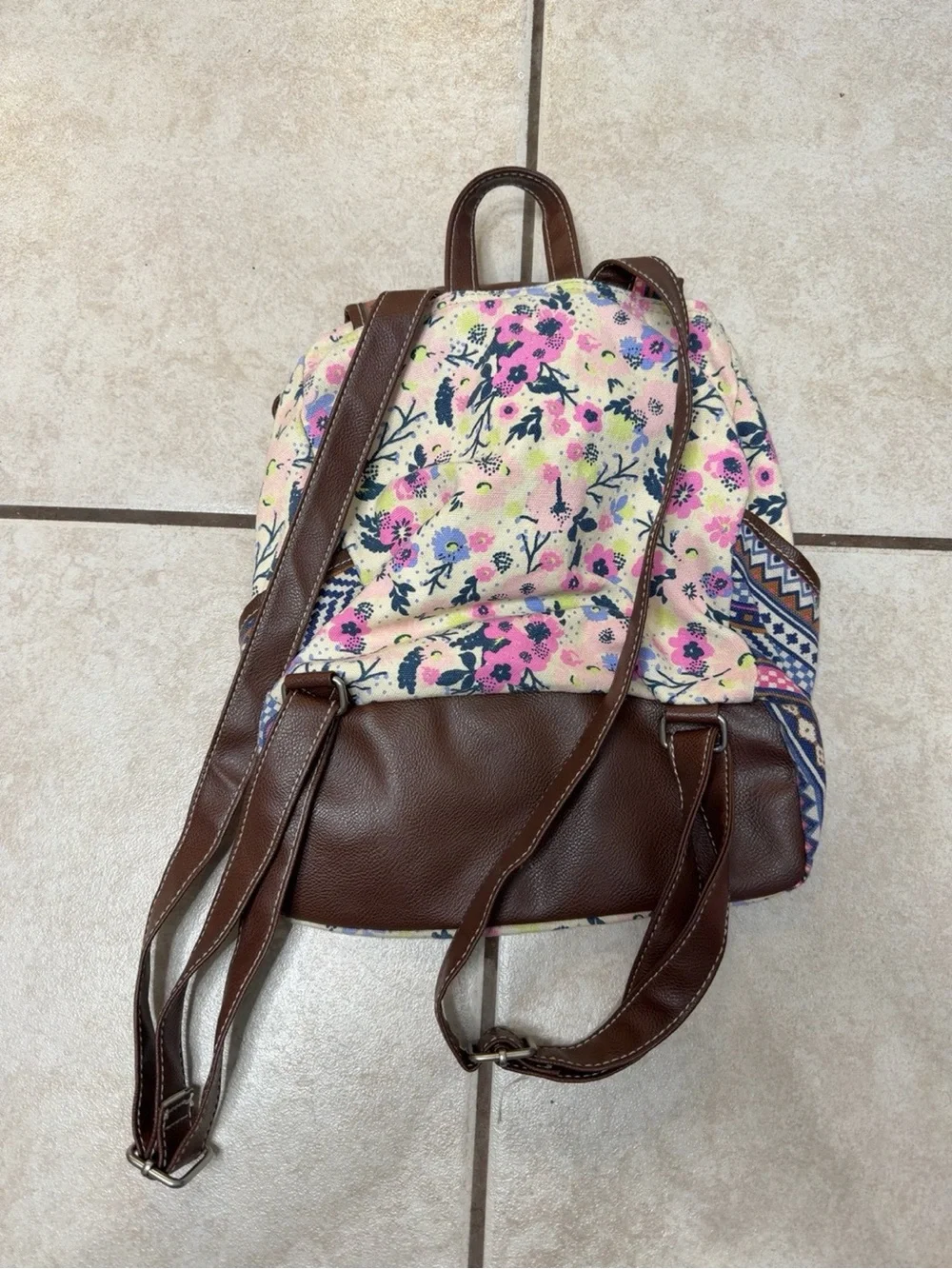 UNIONBAY 1981 Boho Floral Geometric Canvas Backpack Brown